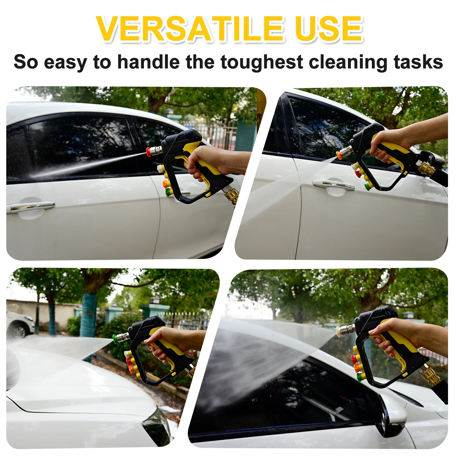 High Pressure Washer Short Spray Gun Max 5000 PSI with Outlet 1/4” Quick Connector & Inlet 3/8" Quick Plug & Nozzle Tips Holder