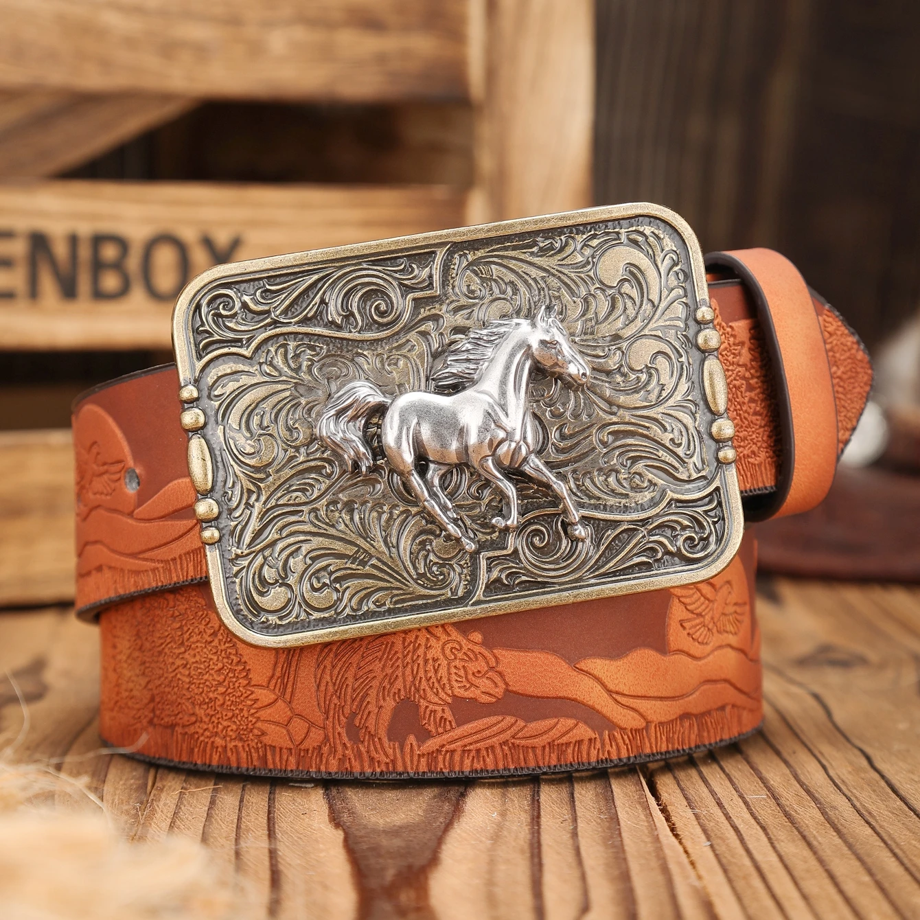 A Western-Buckle PU Belt Suitable for Both Men and Women, A Unique and Retro Brown Belt (With Perforated Nails Included)