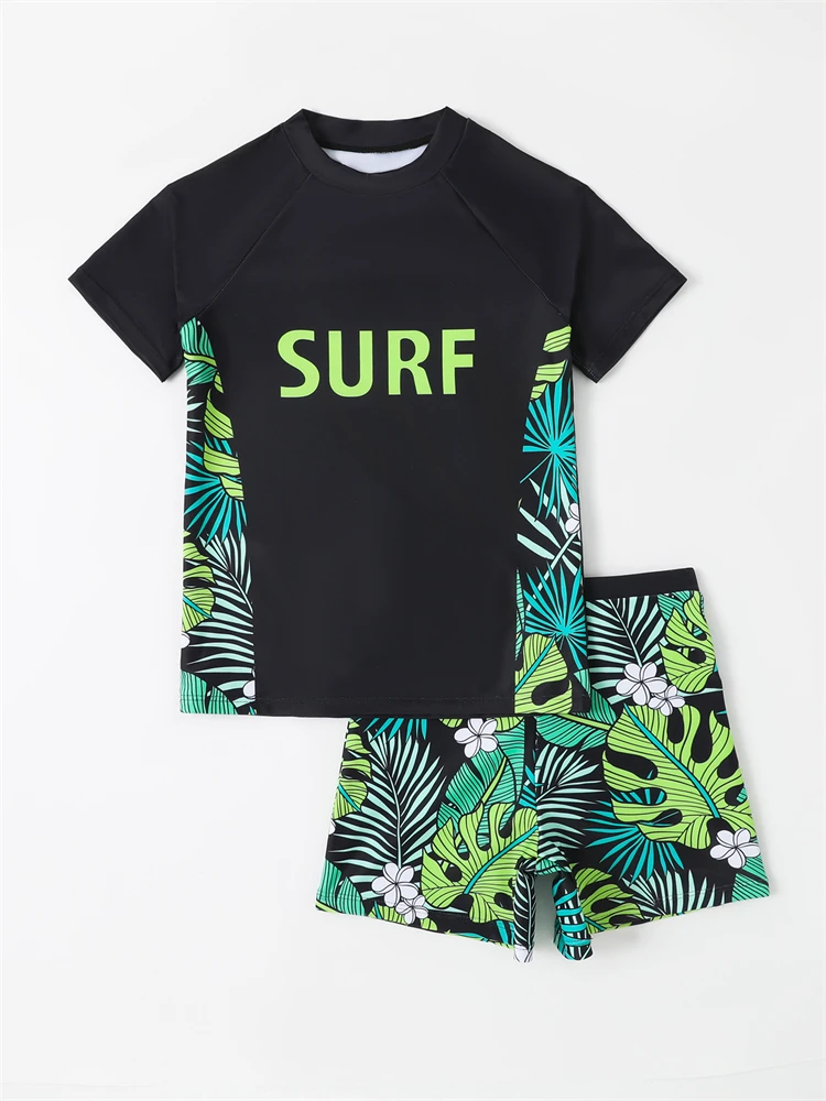 Boy Swimsuit Kids Swimwear 2024 New Black Short Sleeves Letters Leaves Children Bathing Suit Summer Two Piece Beachwear Swimming