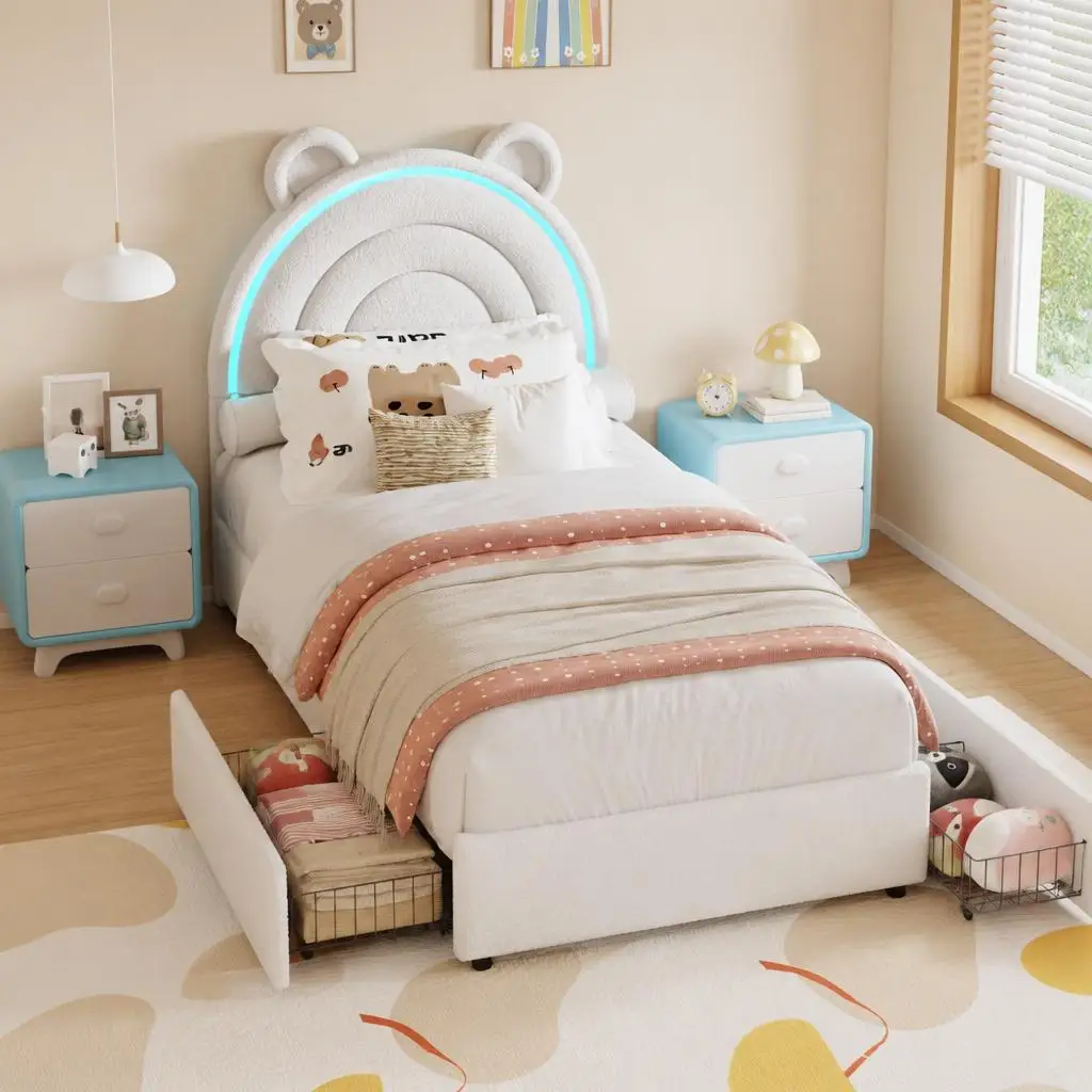 GarveeLife Princess Twin Platform Bed Frame with 2 Storage Drawers & RGB LED Lights, Velvet Upholstered Kids Bed with Rainbow Headboard, Wood Slat Support, No Box Spring Needed