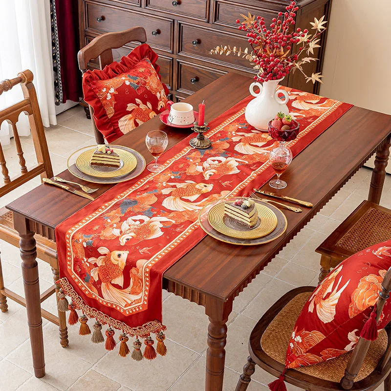 

New Year's Table Runner Cloth Festive Red Household Table Decoration Tablecloths Long Koi Decorate Table Mats Party Supplies