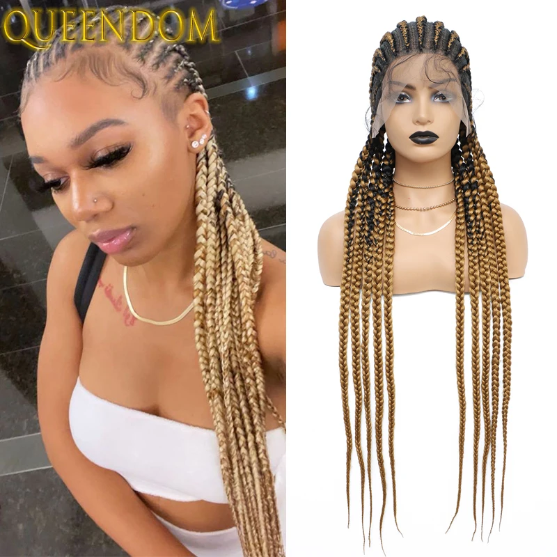 

Ombre Blond Full Lace Cornrow Braids Wig 36 Inch Long Natural Synthetic Box Braided Wig Knotless Lace Frontal Braid Goddess Wigs