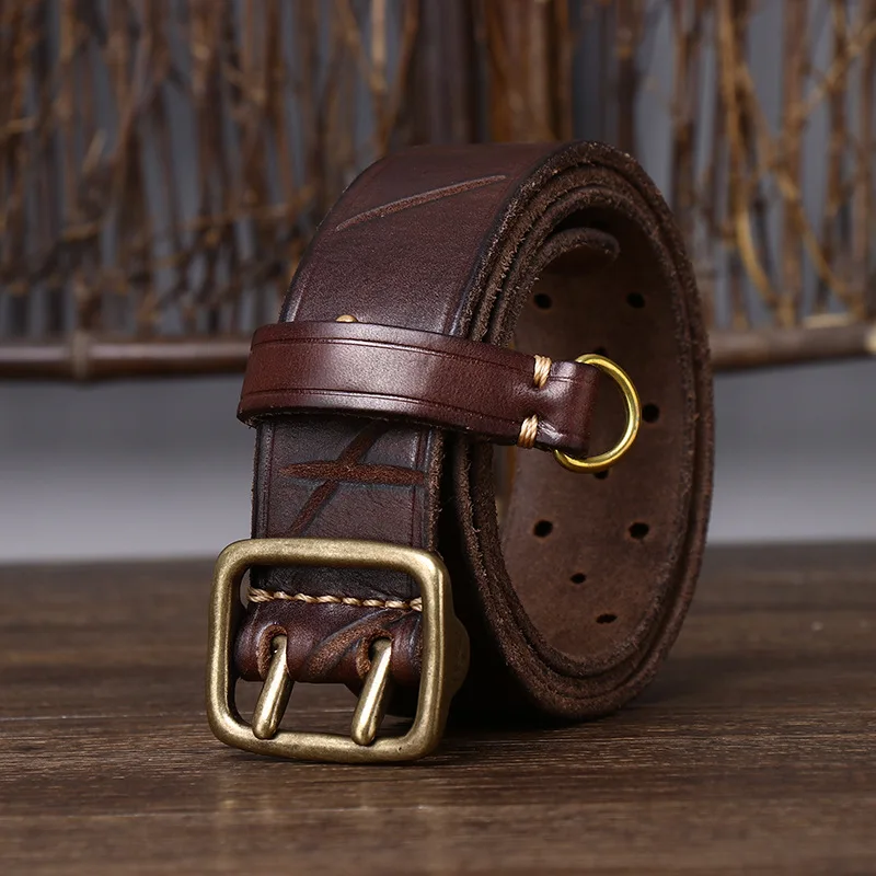 3.8CM Vintage Distressed Double Pin Buckle Men Belt Genuine Leather Pure Cowhide Jeans Belt