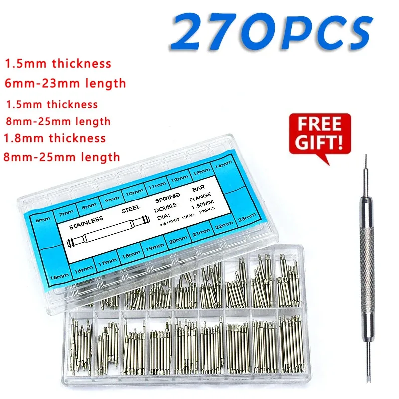 270 Stück/Set Edelstahl-Federstangen Durchmesser 1,5mm/1,8mm Länge 8mm - 25mm/6mm - 23mm Uhrenarmband Gürtel Uhrenreparaturwerkzeuge Stift