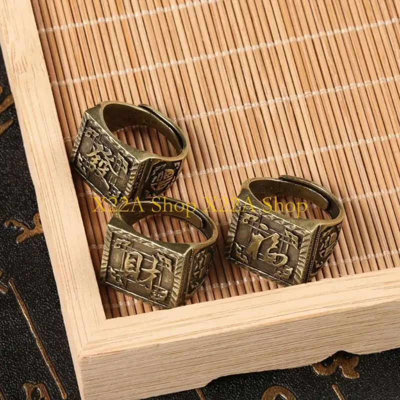 Unique Historical Reproduction Prosperity Brass Ring Manual Carving Collectible Men's Jewelry With Aged Finish