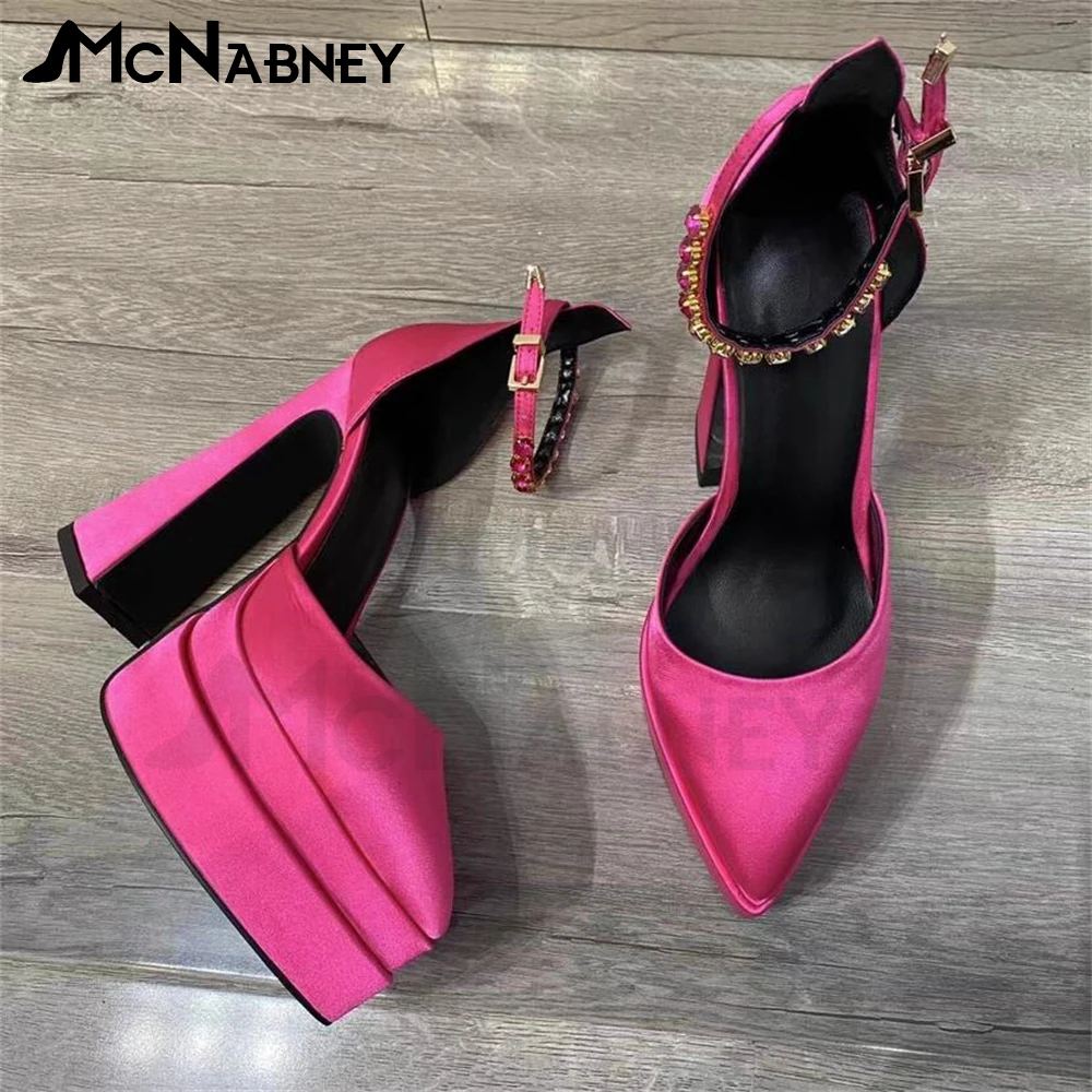 Black Satin Platform High Heels Pointed Toe Chunky Heel Rhinestone Buckle Shoes for Women Luxurious Fashion Designer High Heels