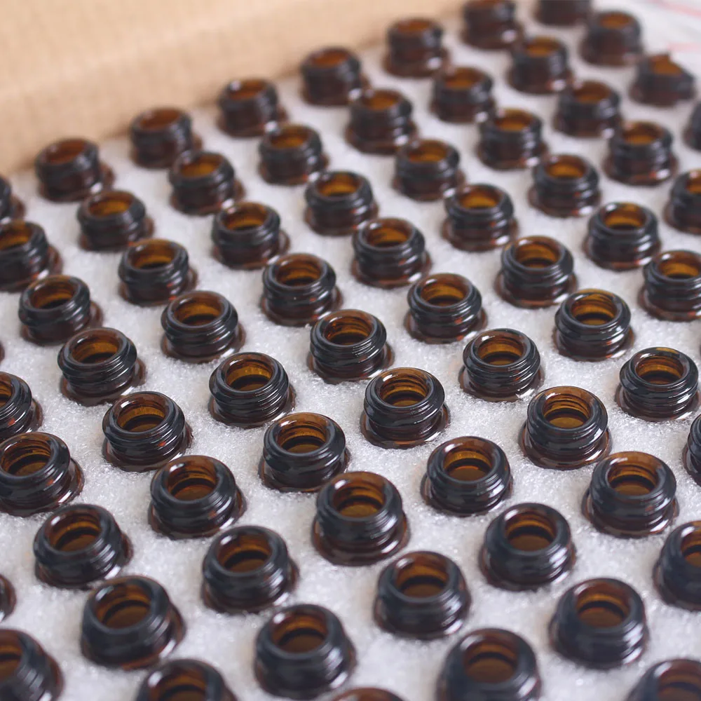 100pcs 1ml 2ml Amber Glass Bottles for Essential Oils Sample Bottles Refillable Empty Bottle with Black Caps for Oil Essential