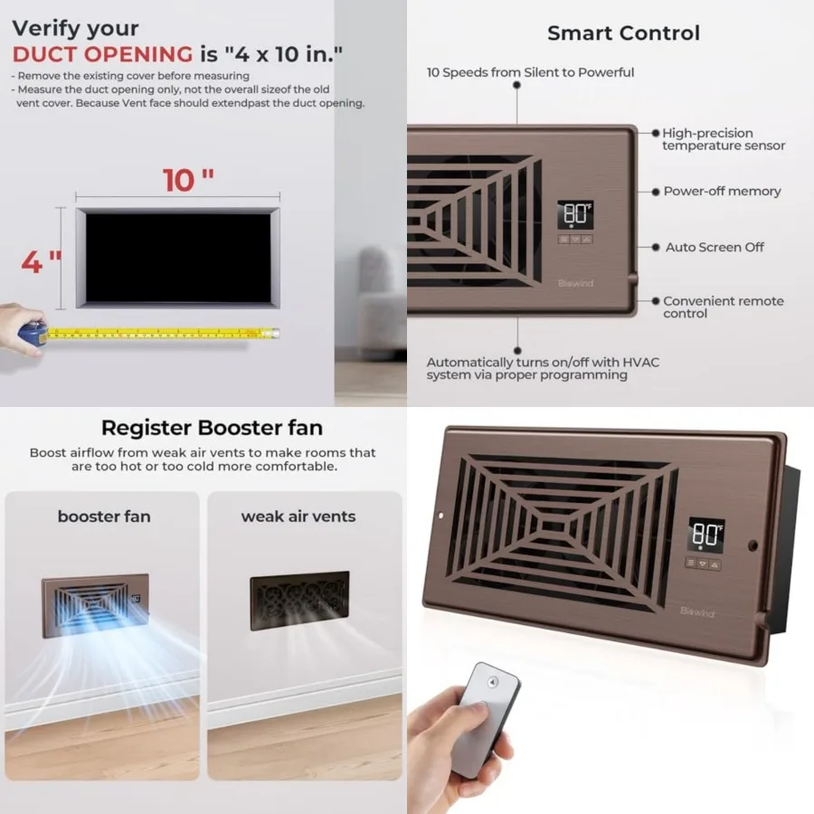 

Quiet Register Booster Fan Fits Register Holes, 10-Speed Smart Heating Cooling AC Vent Fan with Remote Control and Thermostat C