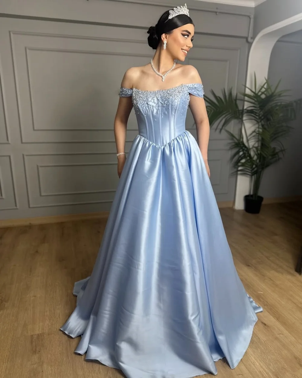 

Customized Exquisite Elegant Charmeuse Beading Ruched A-line Off-the-shoulder Long Dresses Bespoke Occasion Dresses Matching