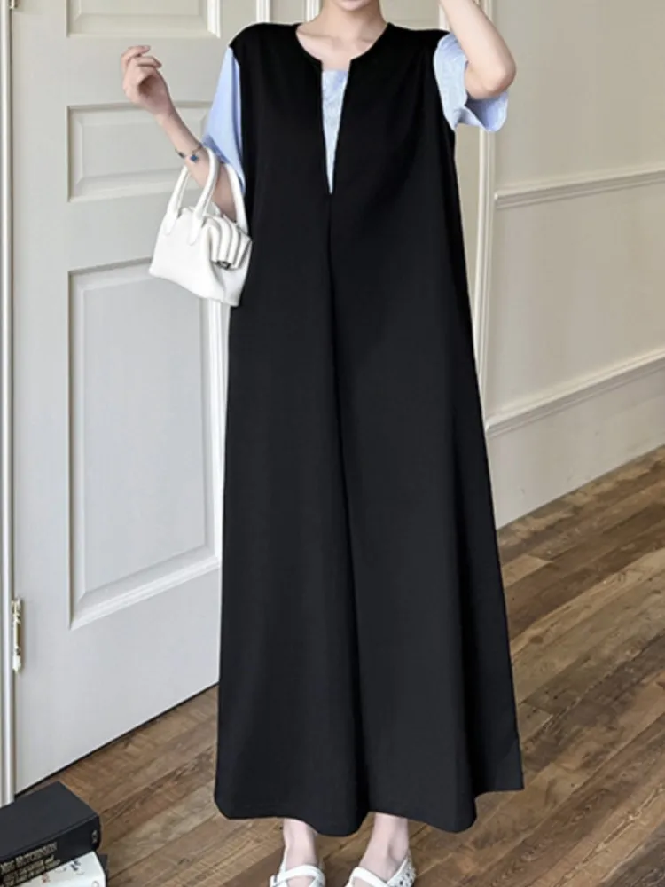 Fake Two Piece Summer Long Plus Size Dress Women Slimming Cool Color-Block High-End Short Sleeve Ladies Dresses Vestidos