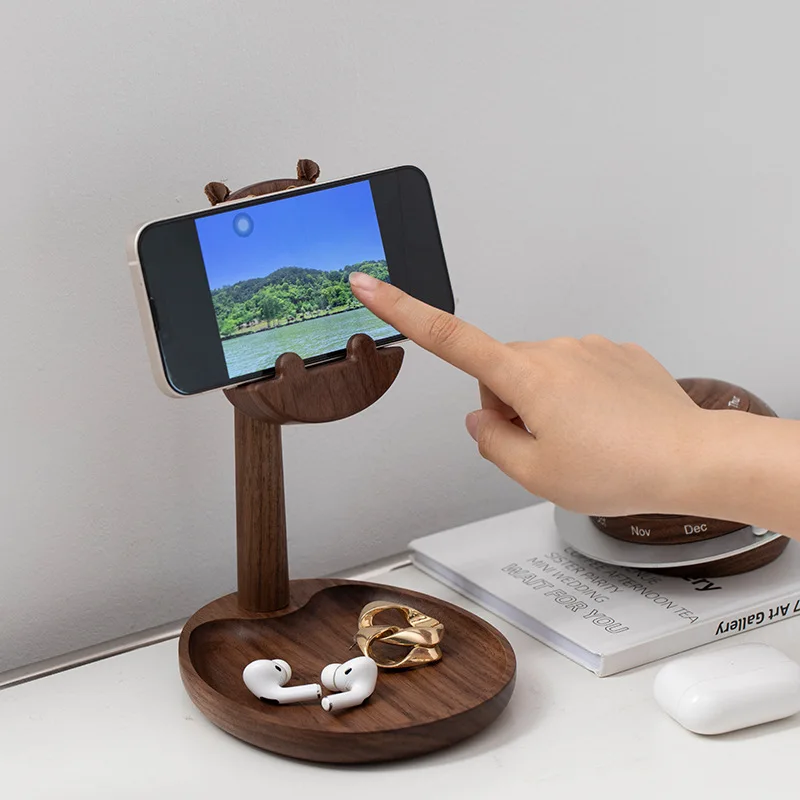 Black walnut solid wood bed mobile phone holder desktop tablet wooden home crafts mobile phone holder light luxury style