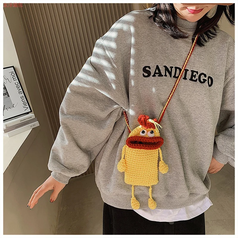 Sausage Mouth Funny Personality Minority Handmade Knitting Knitting Finished Bag Female Wool Hook Mobile Phone Bag Messenger Bag