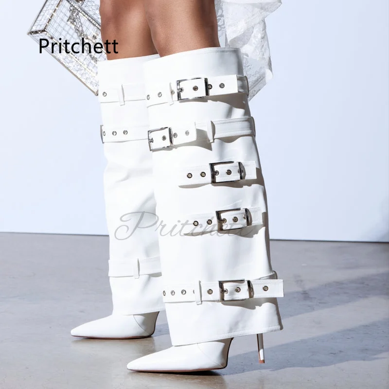 

White Belt Buckle Knee High Boots for Women Turn Over Edges Wide Calf Pointy Toe Thin Heels Autumn Winter Leather Party Shoes