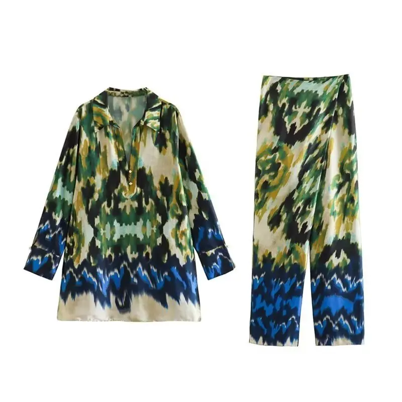 VIBE – chemise imprimée Patchwork pour femmes, pantalon évasé, Style pyjama, nouvelle mode été 2023