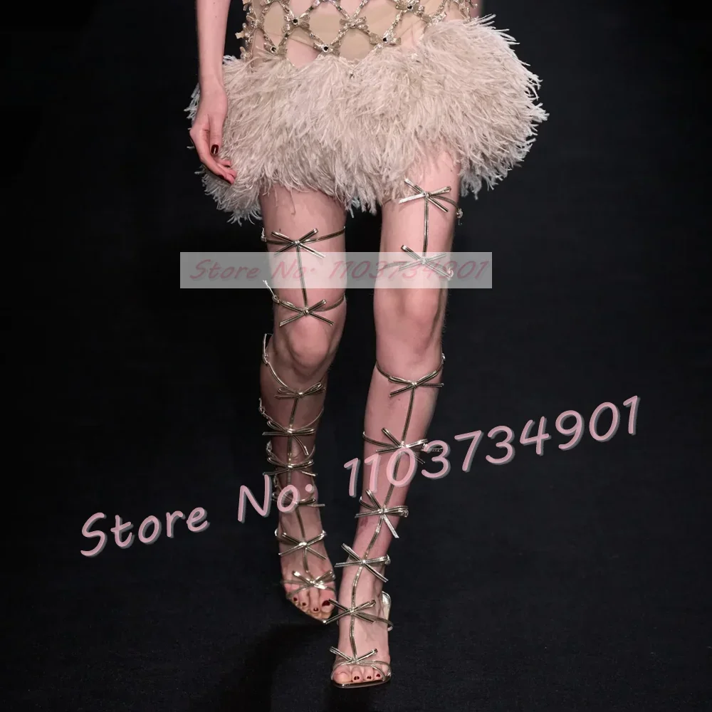 

Shiny Multi Belt Buckle Bowknots Long Sandals Women Trendy Open Toe Gladiator High Heels Sandals Trendy Silver Strappy Shoes