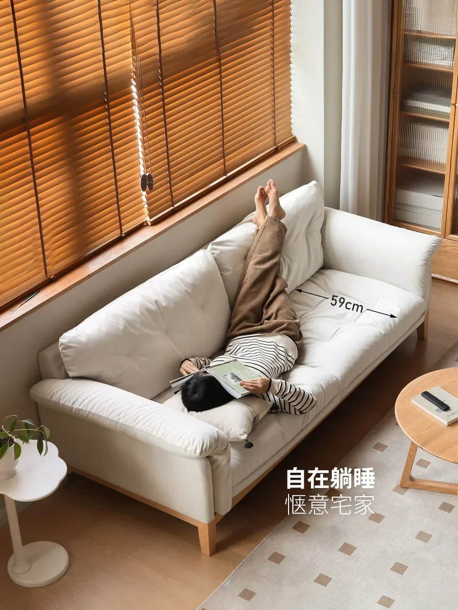 Genji wood language fabric sofa cream wind small apartment living room flannel sofa simple white household straight sofa