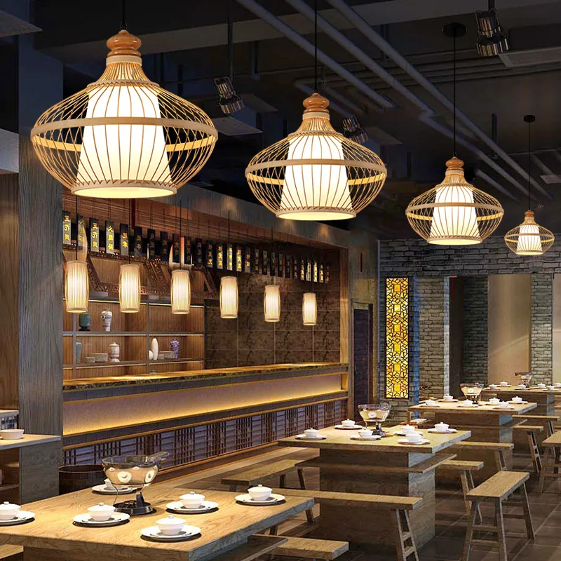 New Chinese Style Woven Pendant Lamp Fixtures Restaurant Hot Pot Hotel Lantern Homestay Bamboo Art Bamboo Woven Lighting