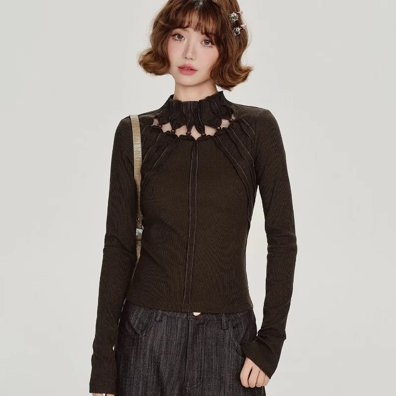 Camisetas de manga larga caladas para chica picante, Top corto de diseño ajustado liso Retro americano, ropa de calle gótica estética Y2k