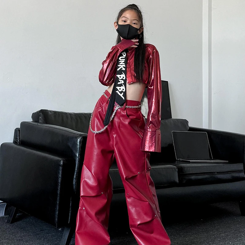 2024 Children Red Shine Shirts Leather Pants Streetwear For Girls Modern Jazz Dance Costumes Hip Hop Stage Rave Clothes DQS17617