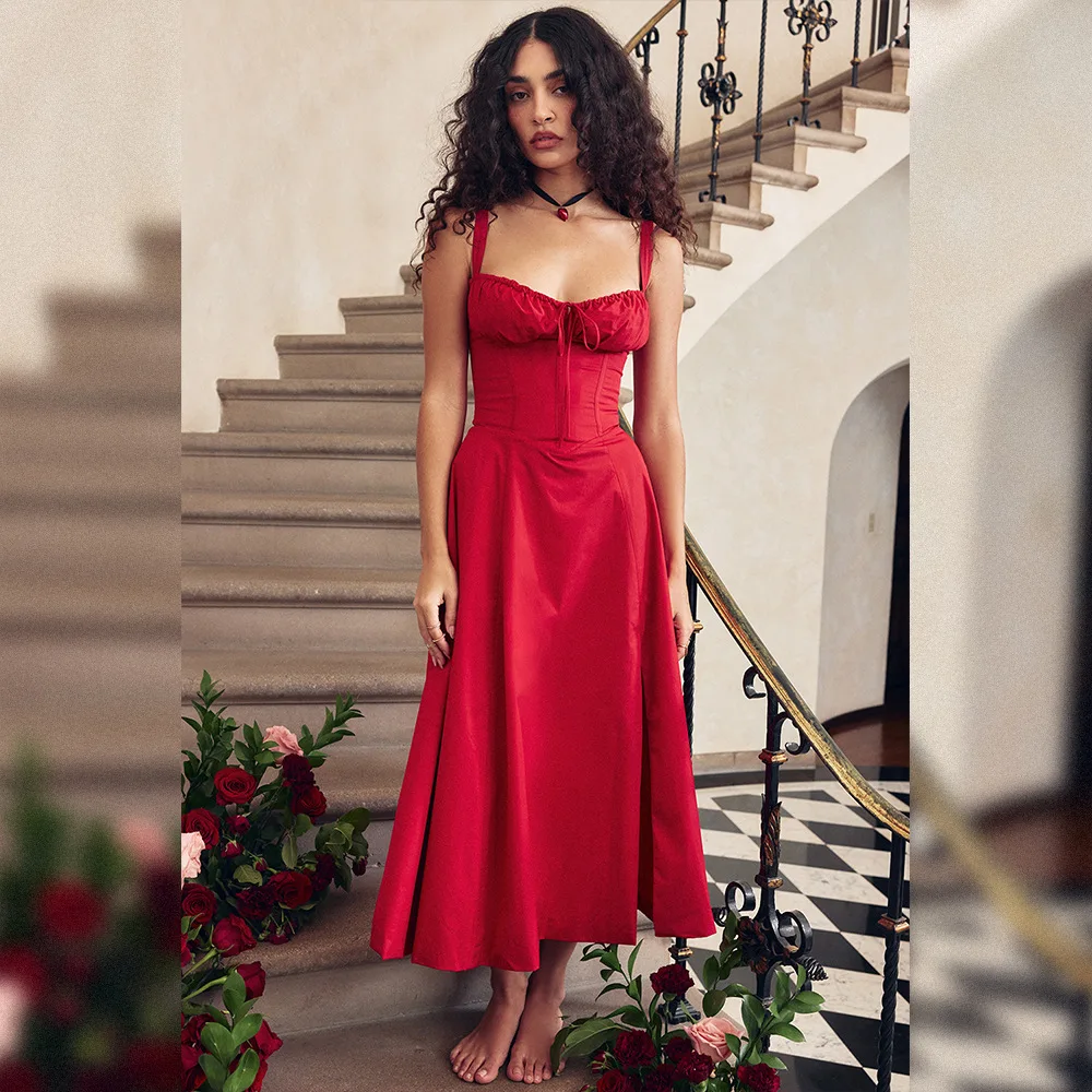 

ICCLEK Corset A Line Midi Dress Red Milksmaid Body Sculpting Design Mid-Calf Length Dress Summer Dress Women 2024 Holiday Outfit