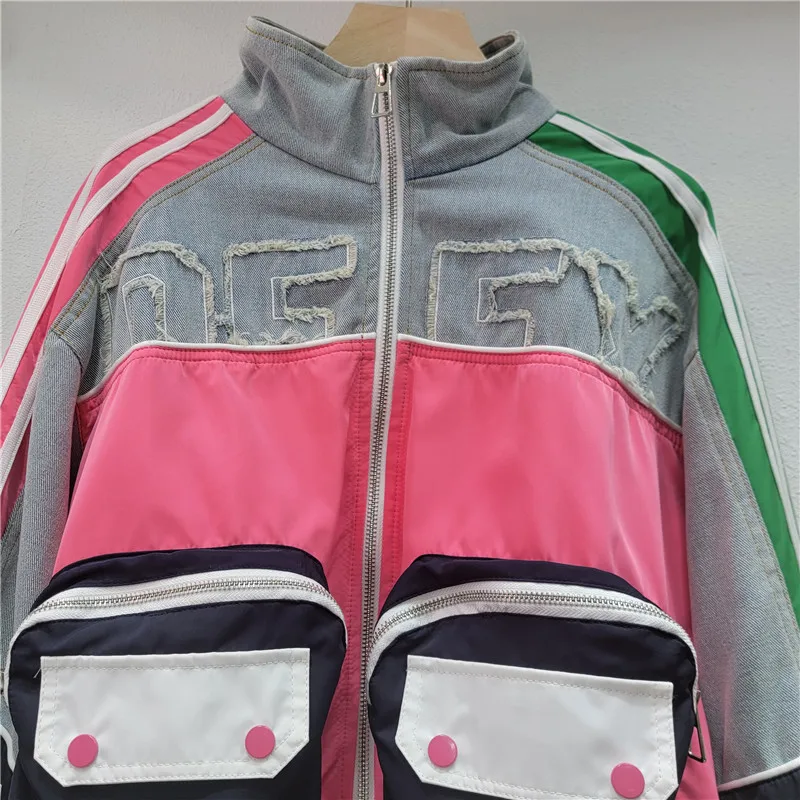 Splicing Denim Jacket Women's Design Sense Fashion Short Versatile Stand-up Collar Jacket Top Women Coat and Jackets