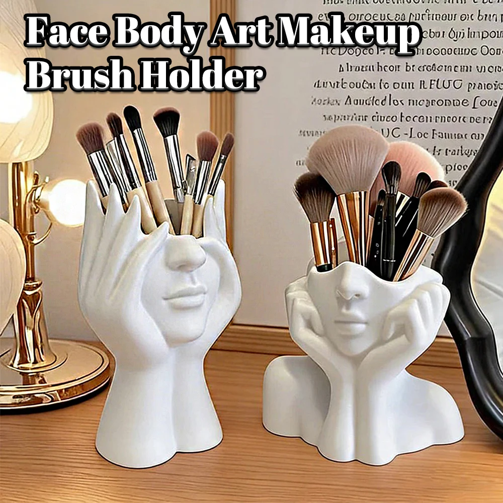 Face Body Art Makeup Brush Holder Desktop Storage Organizer Bathroom Cosmetics Storage Box Half Face Portrait  Art Vase Decor
