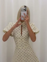 Retro Polka Dot Mini A-line Dress Women Elegant Stand Collar Puff Short Sleeve Waist-cinching Dresses Lady Party Robe 2026 New - Image 4