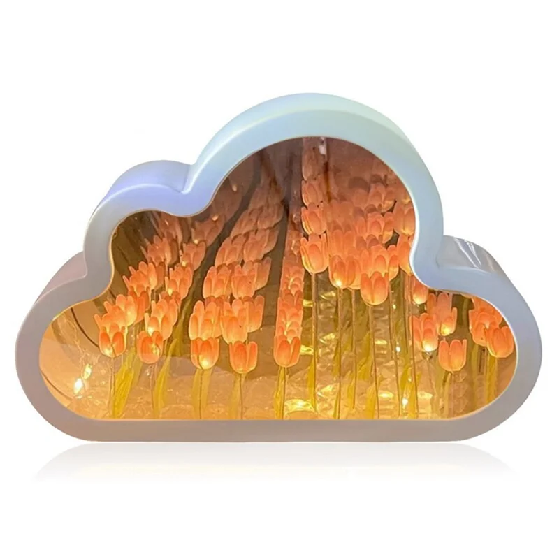 

Cloud-Mirror Night Light Handmade DIY Tulip Girl Living Room Night Light Small Mirror Desktop Light-Emitting Ornaments-A
