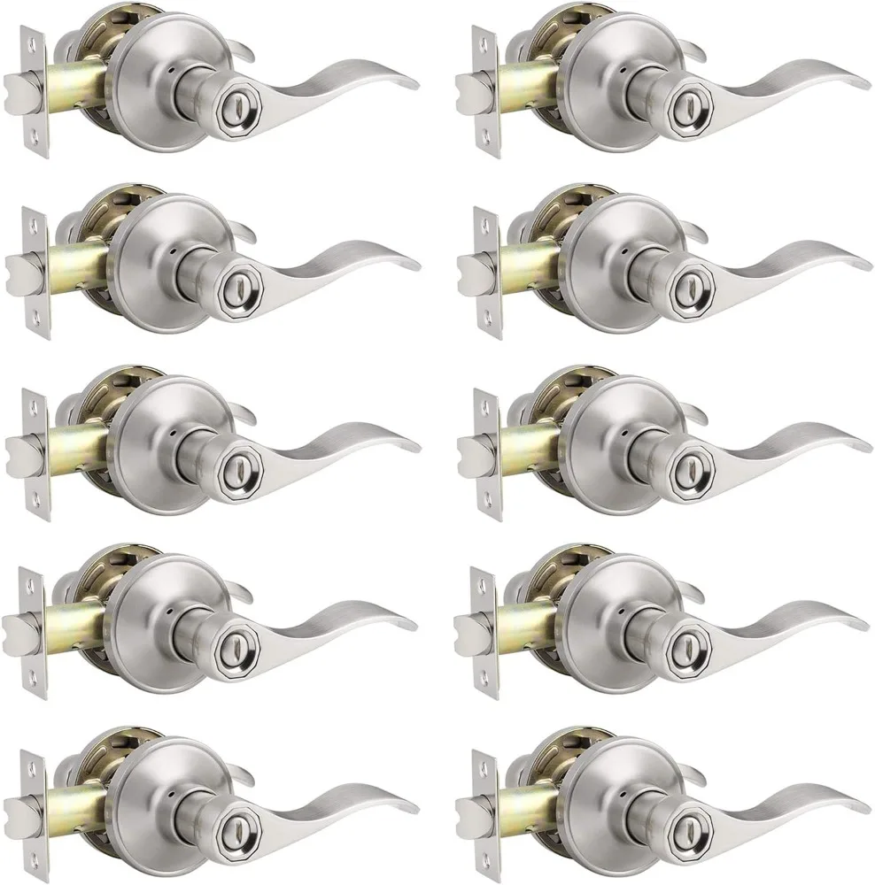 

10 Pack Satin Nickel Door Lever Privacy Door Handles, Stainless Steel Door Handle Interior, Keyless Lock for Bedroom