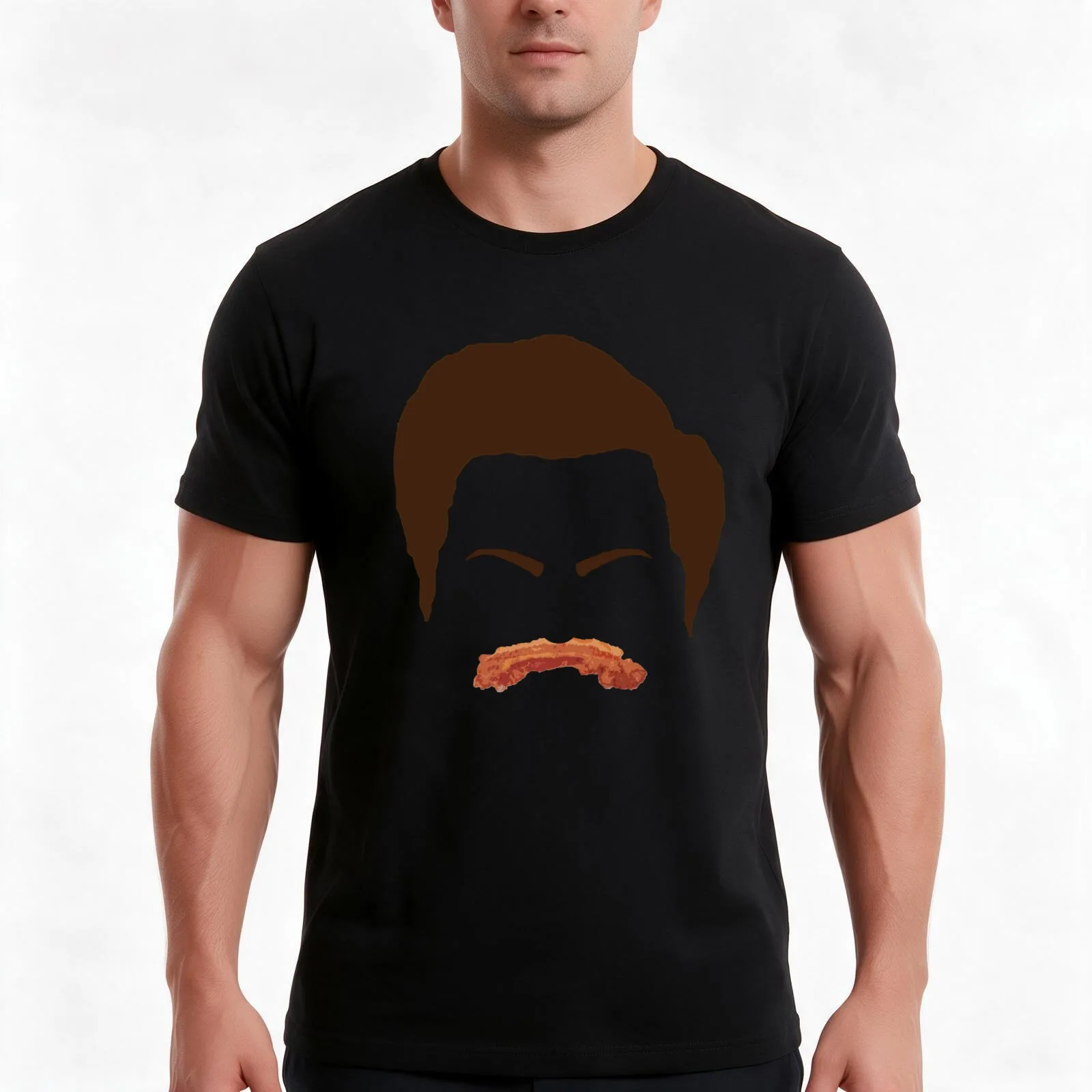 Ron Swanson Bacon Mustache T-Shirt, Summer Casual Cotton Tee, Oversized Streetwear Tops, Vintage Graphic Print, Unisex Men Women