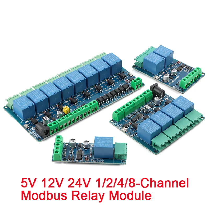 Modbus-RTU Relay Module 1/2/4/8 Channels 10A 5V 12V 24V Switch Input Output Optocoupler Isolation RS485 TTL Communication
