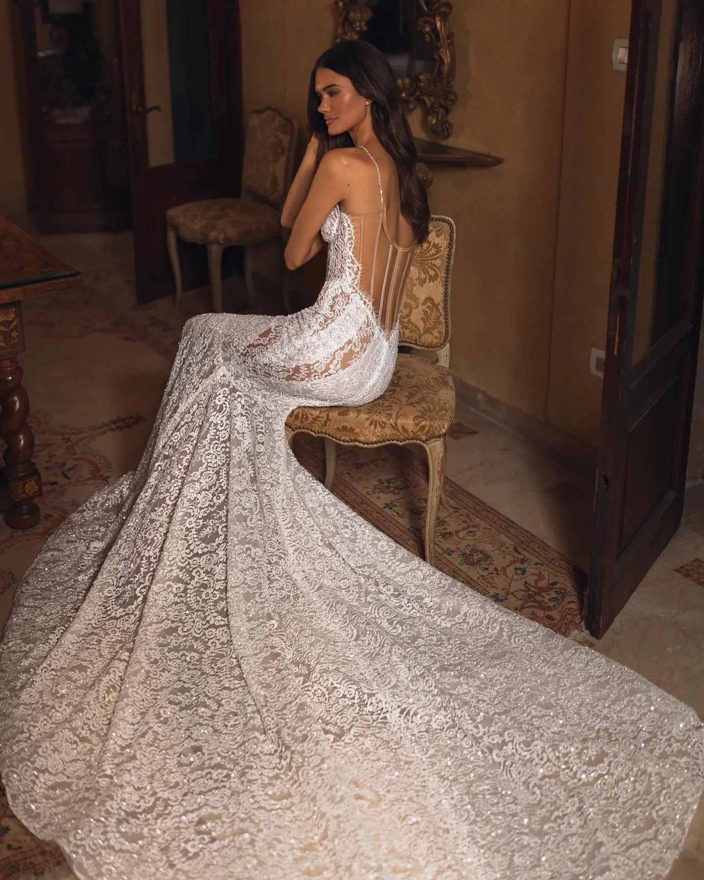 Vestido de novia para novia, lentejuelas espaguetis, vestidos de novia Fulllace, vestidos de novia, ilusión de tren de barrido, sin espalda, personalizado