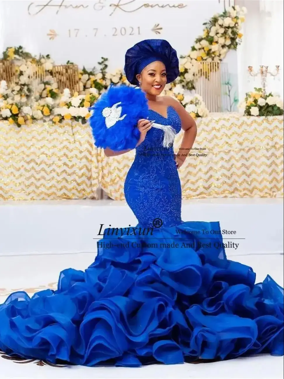 Royal Blue Mermaid Prom Dress With Glitter Sequins Lace Evening Party Gown Formal Black Girl Ruffles Birthday Robe De Soiree