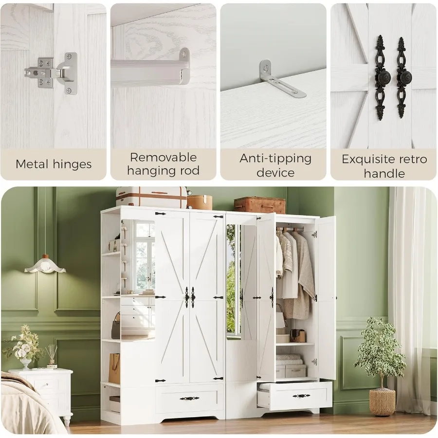 70 خزانة ملابس خشبية عالية لغرفة النوم مع مرآة ببابين خزانة ملابس تتميز بقضيب معلق 5 أرفف بناء