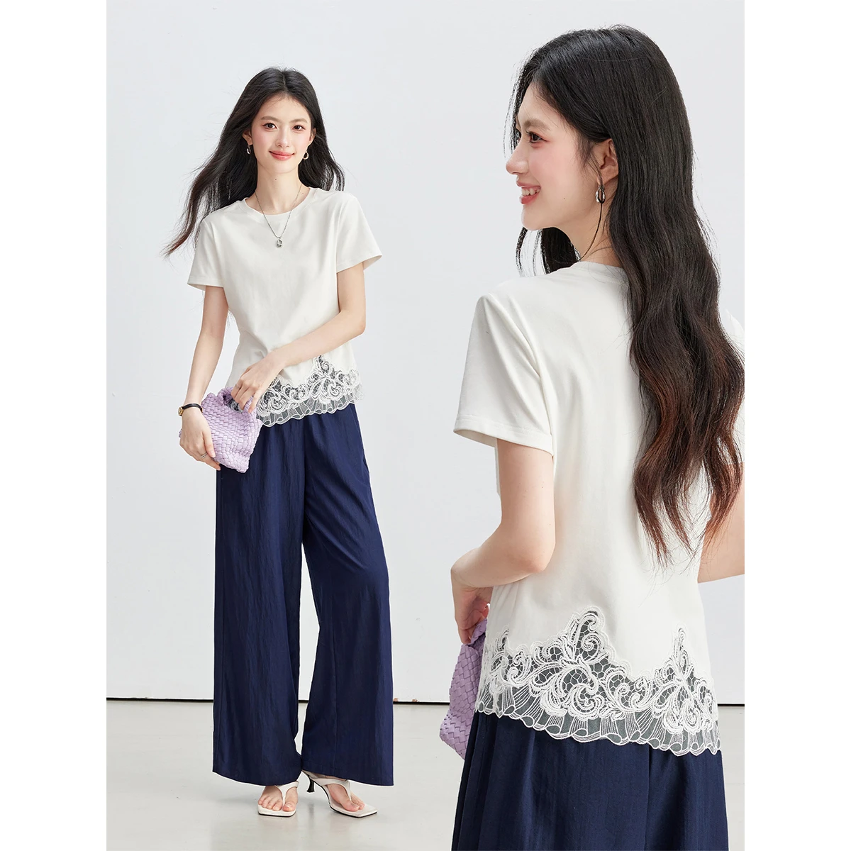 VIMLY French White Lace T-Shirt for Women 2026 Summer Casual Embroidery Spliced Irregular Hem Crew Neck Short Sleeve Top A6566