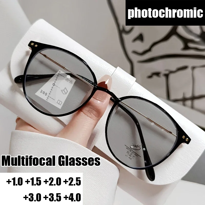 Gafas de lectura con bloqueo de luz azul para hombre y mujer, lentes redondas transparentes que cambian de Color, multifocales, para presbicia,