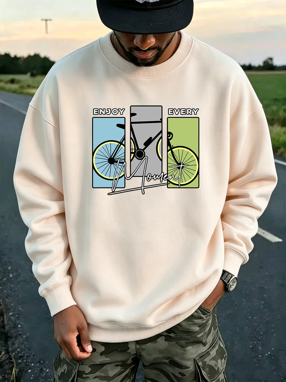 Enjoy Every Moment Printed Men'S Sweatshirt Winter Oversized Hoodie Crewneck Jogging Pullovers Basics Fleece Warm Mens Clothes