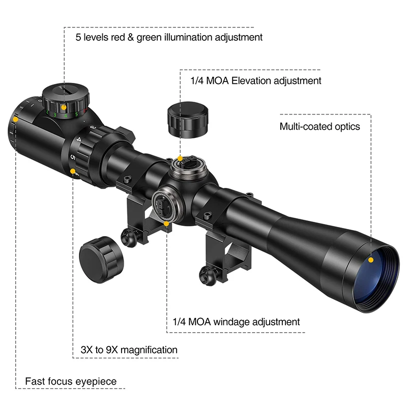 

CVLIFE 3-9x40 Rifle Scope Red Green Illuminated Optical Riflescope Mil-dot Reticle Sights for 11mm or 22mm Rail Mounts ‎Aluminum