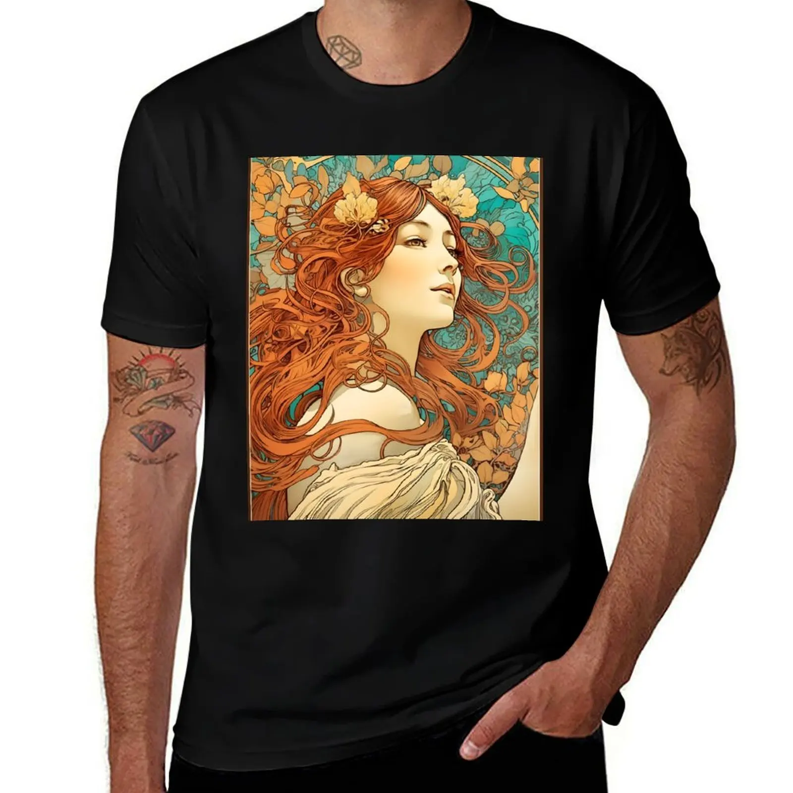 Goddess of Summer Alphonse Mucha Style Illustration T-Shirt Basic Short Sleeve Cotton Blend T-Shirt