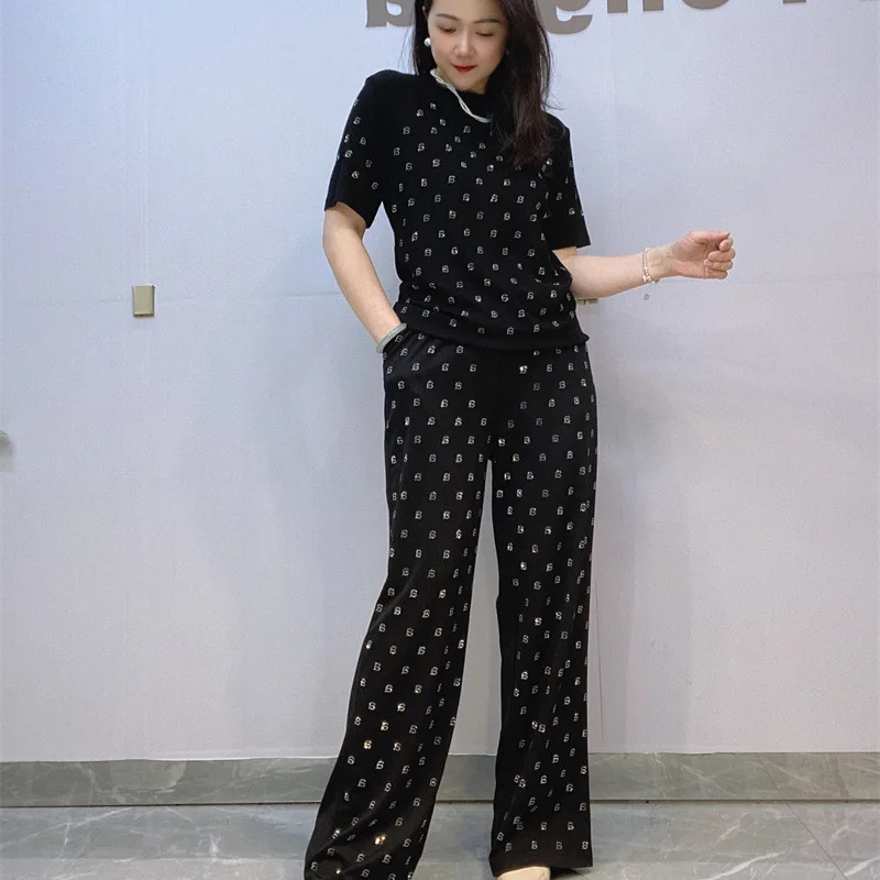 2024 Summer New Exquisite Rhinestone Casual Suit Women's Fashion Short-Sleeved Slim T-shirt Wide-Leg Pants Ladies Two-Piece Set