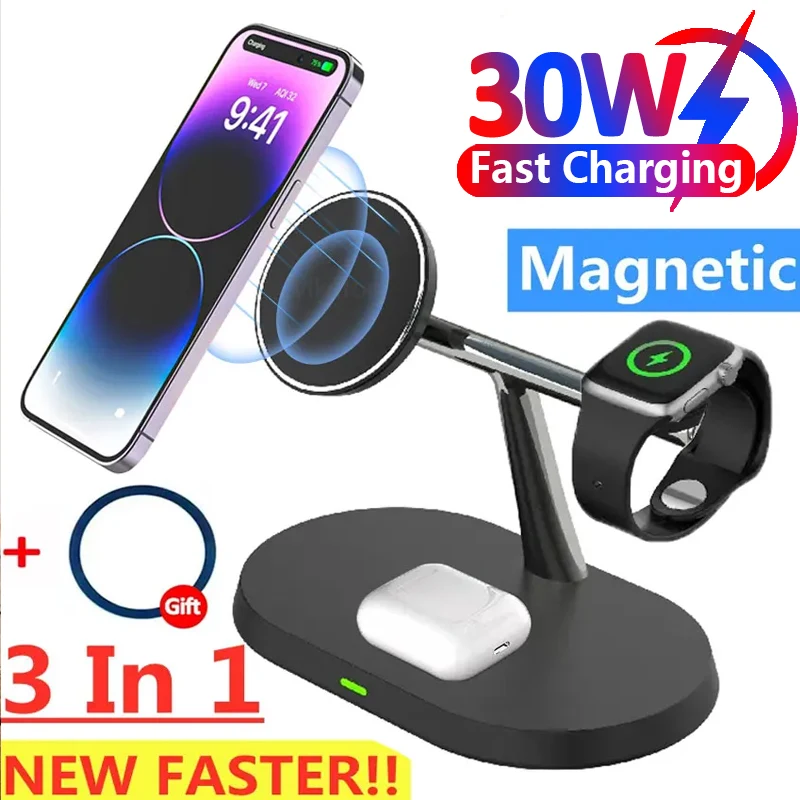 3 in 1 30W Magnetic Wireless Charger Stand Macsafe For iPhone 15 14 13 12 11 Apple Watch 8 7 6 Airpods Pro Fast Charging Station