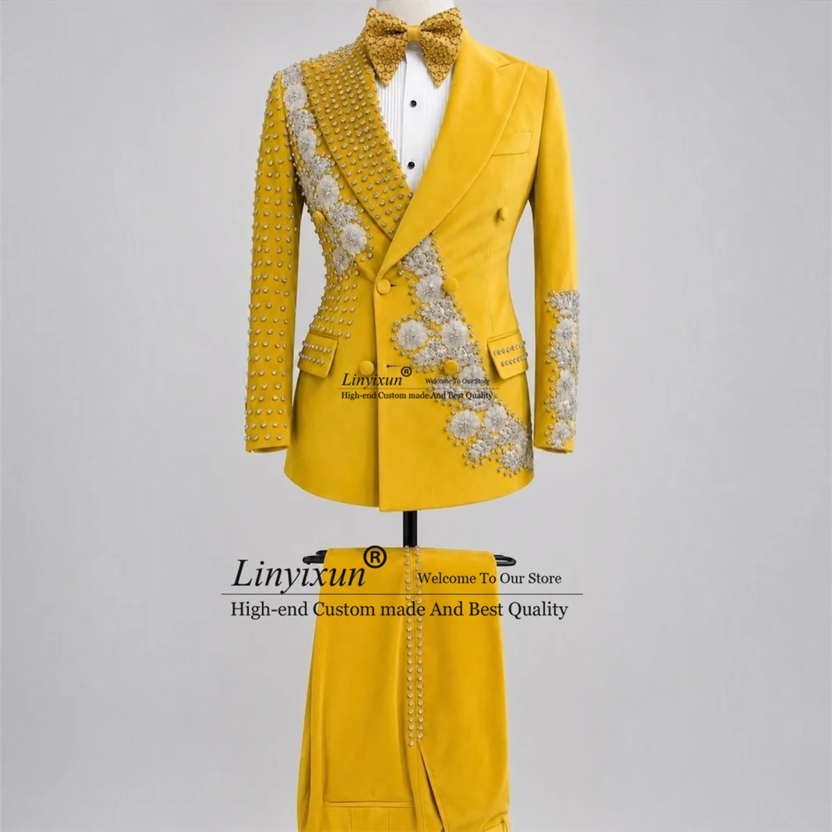 Fashion 3D Floars Men Suits With Diamond Beaded Groom Male Blazers 2 Pieces Sets Wedding Tuxedos Slim Fit ropa hombre Customized