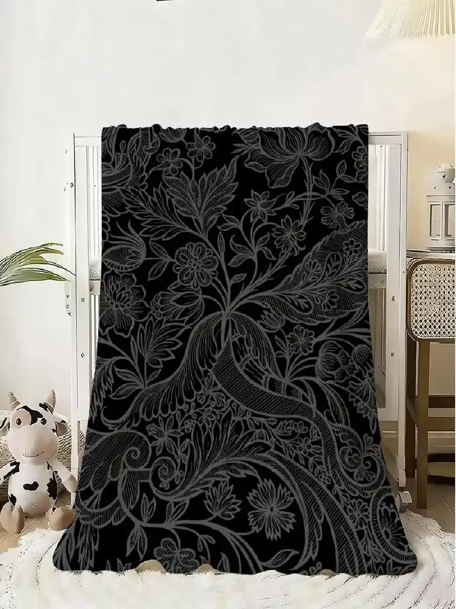 Luxury Black Flowers Soft Flannel Throw Blanket for Sofa Bed Office Travel  Warm SkinFriendly Oversized Winter Blanket