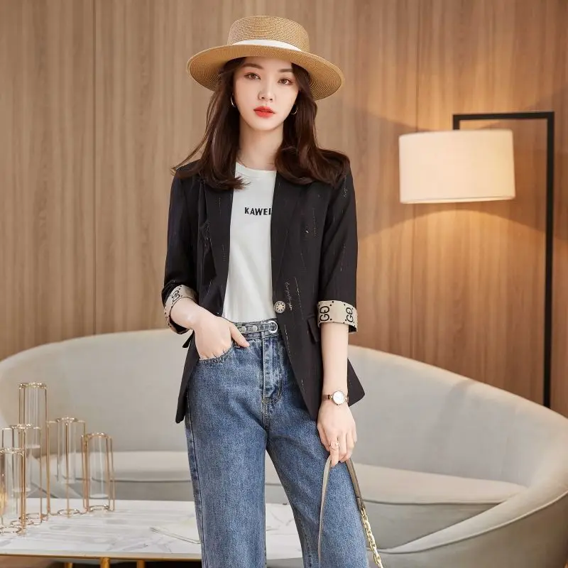 2-A101  Small suit jacket for women 2022 new summer thin Korean style casual versfit three-quarter sleeves net celebrity suit