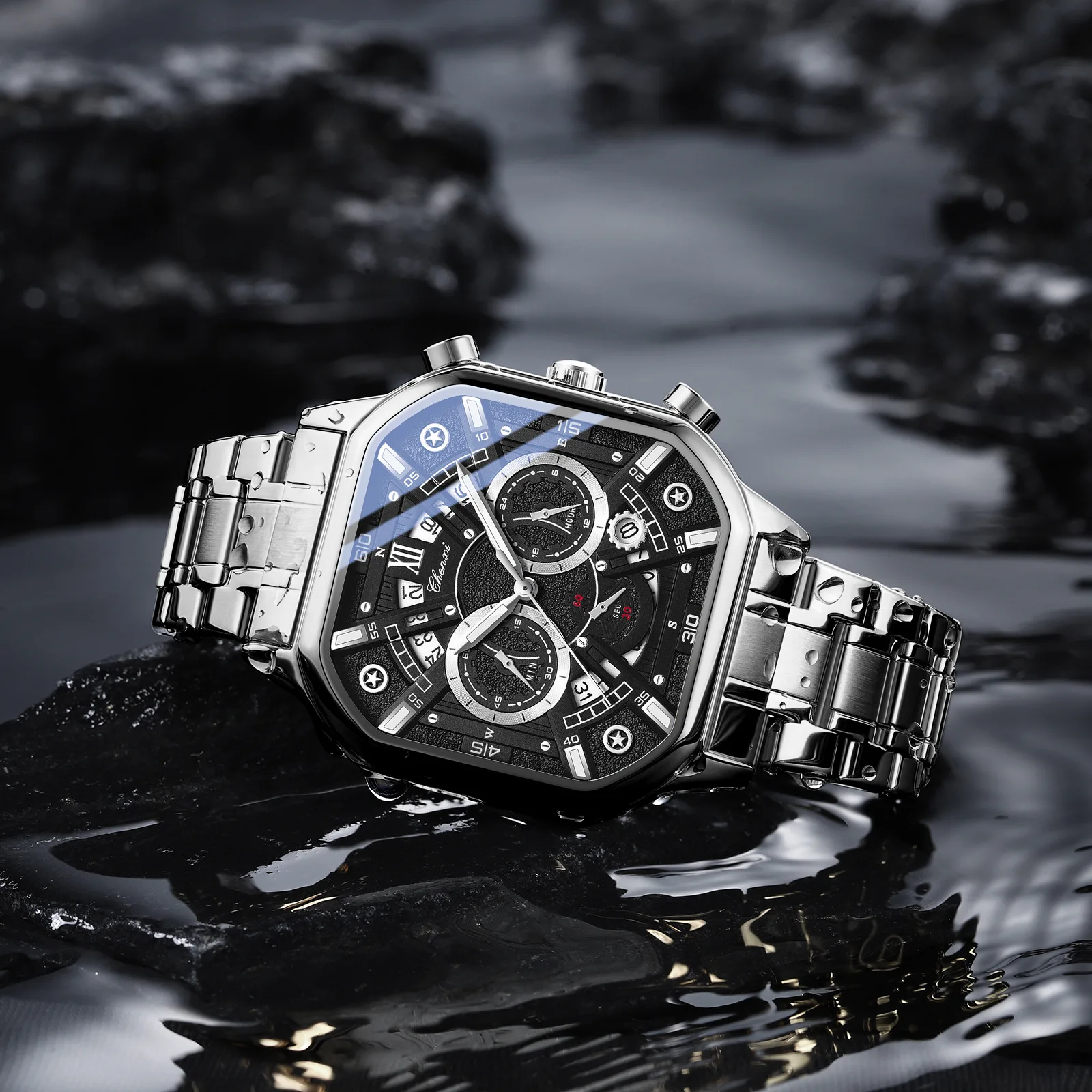 ساعة كوارتز رجالية ذهبية فاخرة بمينا هيكل عظمي مع تقويم كرونوغراف مضيء ساعة يد ذهبية متعددة الوظائف للرجال