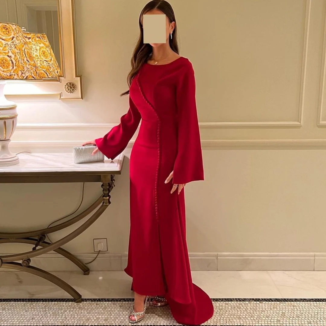 Gaun malam leher sendok Lovestory gaun malam wanita Arab Saudi kancing lengan panjang gaun Prom belah samping ritsleting belakang Vestidos De Noches