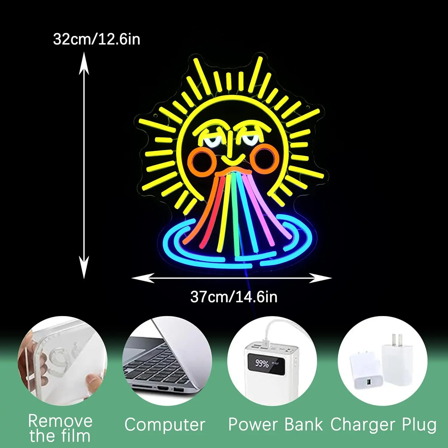 Sun Rainbow LED Neon Sign USB Dimmable Neon Light Sign for Gameroom Bedroom Bar Livingroom Birthday Party Gift Wall Decor