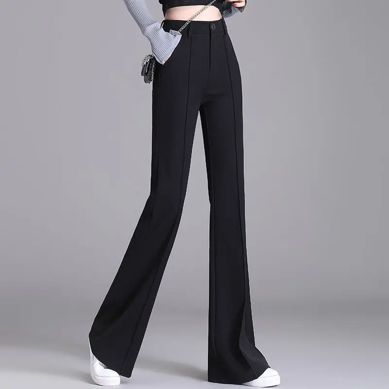 Black Autumn New Straight Micro Flared Pants Women Button Zipper Pocket Patchwork High Waisted Slim Suit Wide Leg Trousers 2024