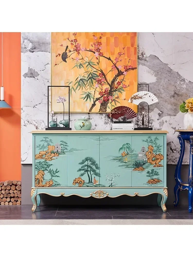 Living room French retro entrance locker solid wood hand-painted gold luxury green decorative cabinet