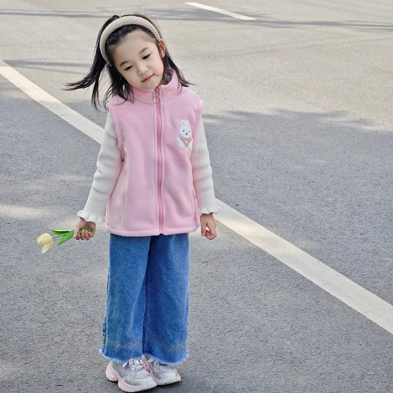 Kid Girl Boy Warm Zipper Vest Coat Stand Collar Cute Embroidered Patch Fleece Lining Children Chilly Day Unisex Winter Clothing